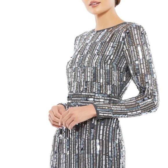 Mac Duggal Size 14 $598 NWT Embellished High Neck Long Sleeve Midi Dress Gray - Picture 3 of 11